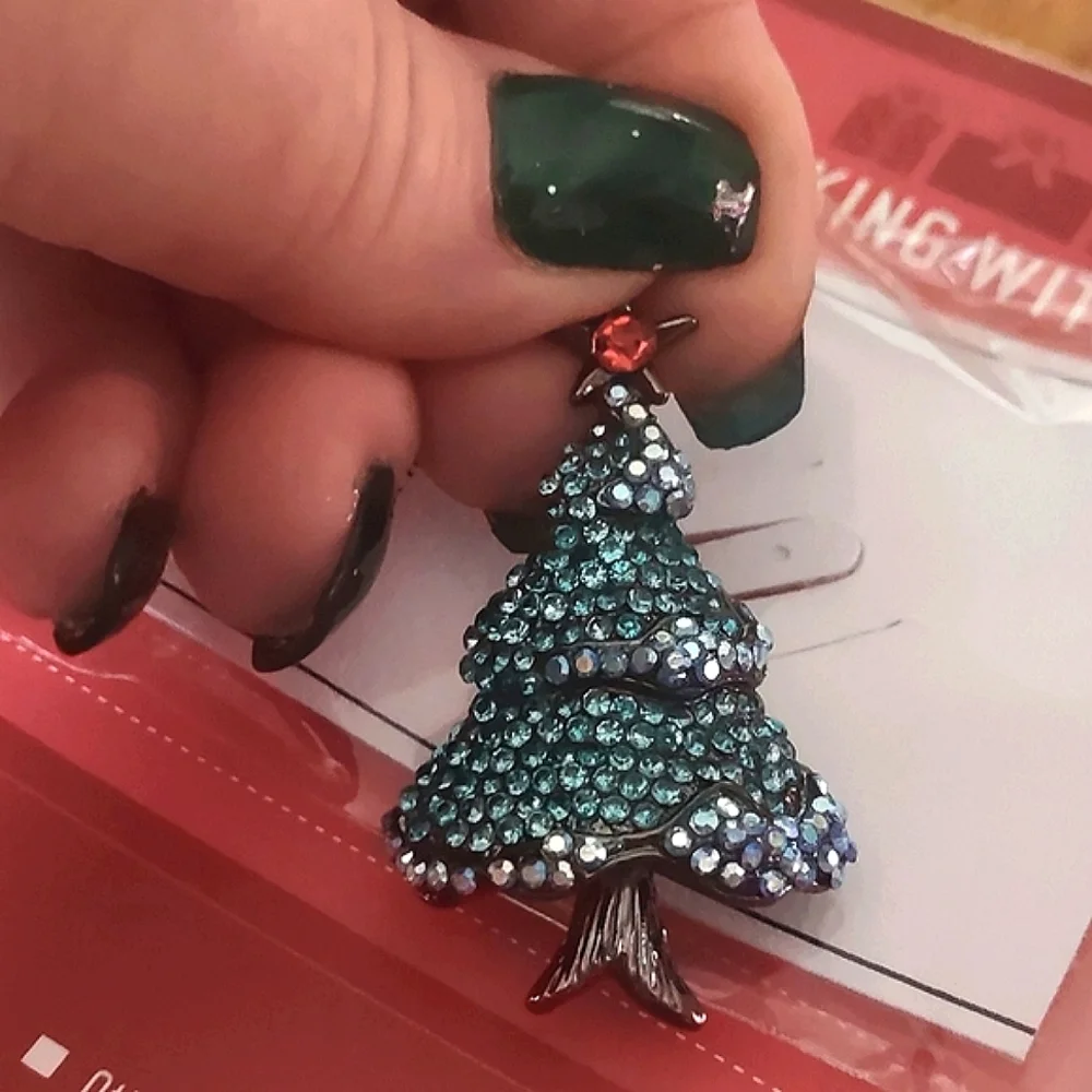 Blue Rhinestone Christmas Tree Brooch Red Star Topper